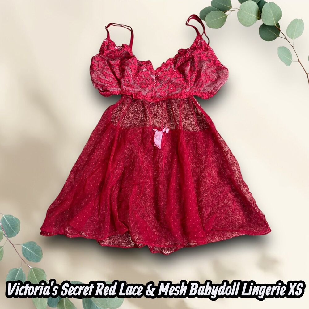 Preowned Victoria’s Secret Red Lace & Mesh Babydoll Lingerie XS